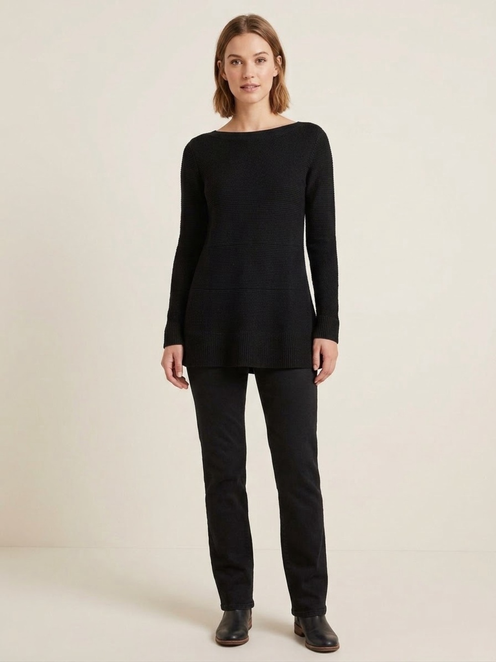 Ann Taylor Factory Women Long Sleeve Boatneck Textured Ribbed Knit Tunic Sweater